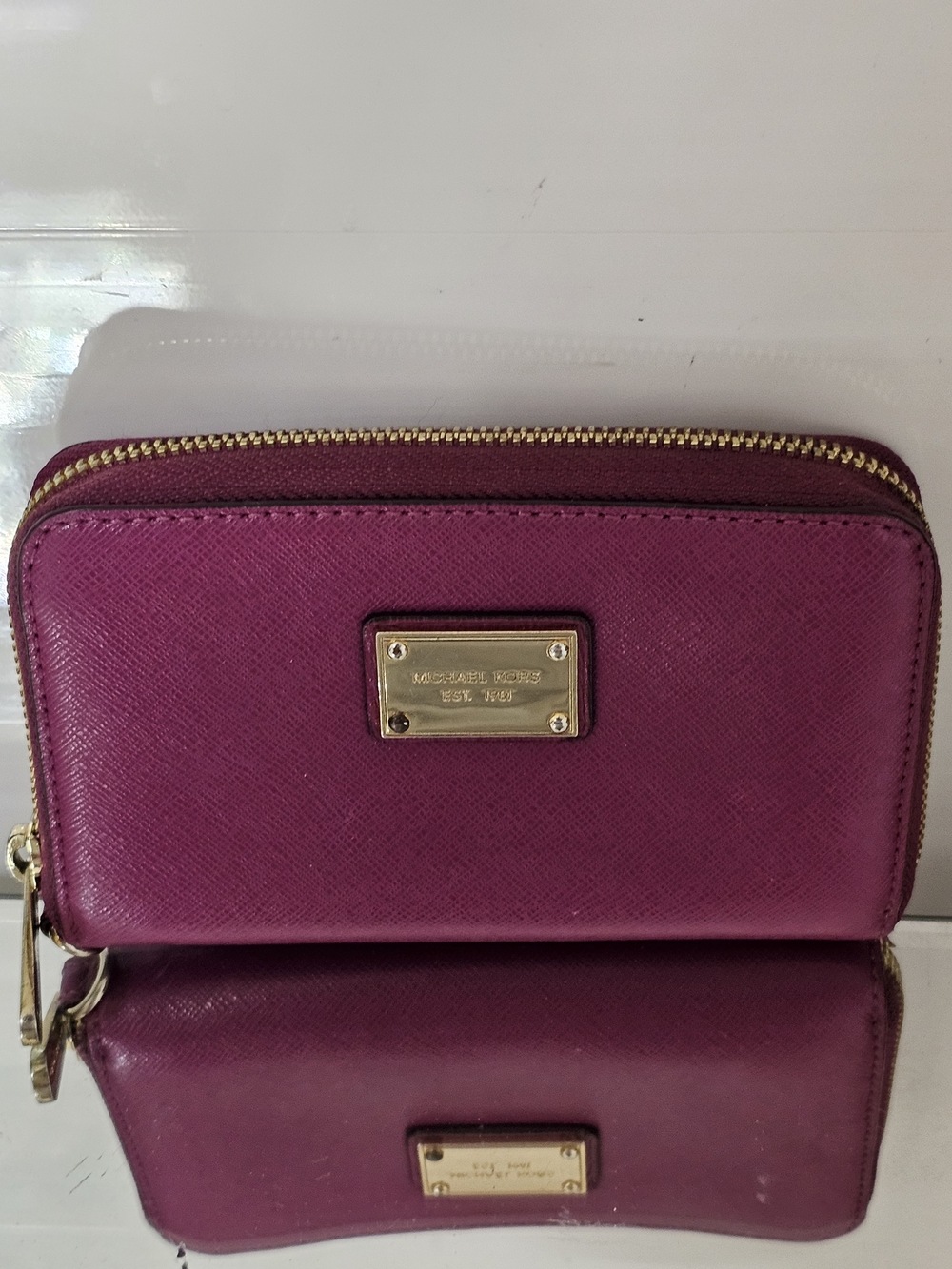 Michael Kors Saffiano Zip Wallet - Plum with Gold Hardware